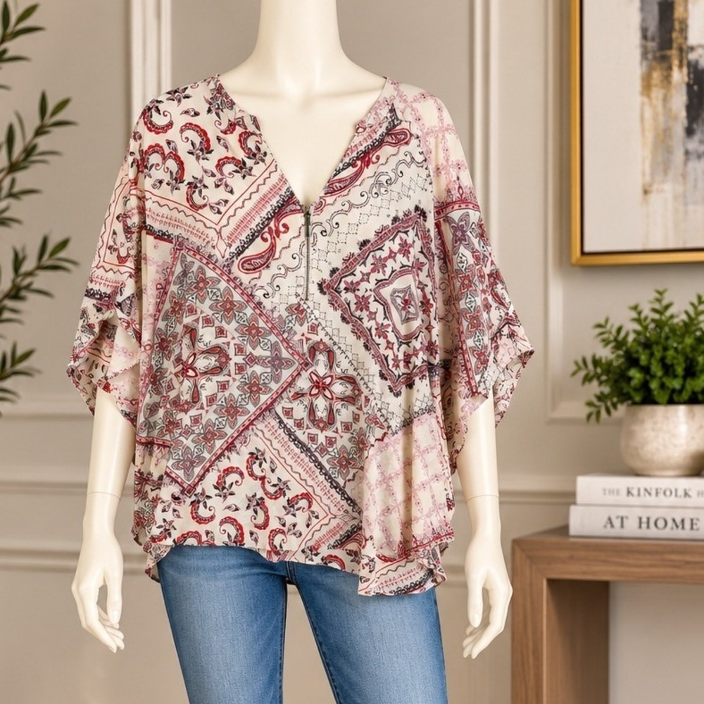 Maurices Womens Blouse Paisley Patchwork Zip Front Boho Top 4X